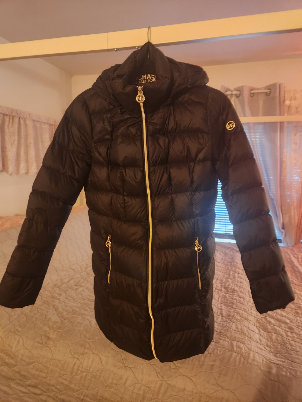 Michael Kors Black Quilted Long Puffer Coat with Gold Hardware